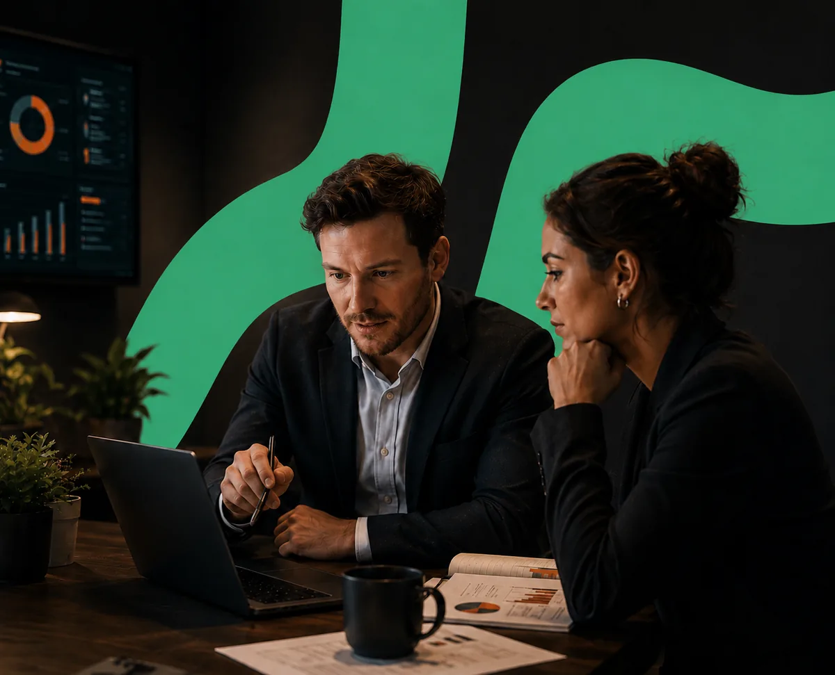 Corporate finance professionals reviewing dashboards and reports on a laptop in a modern office, turning numbers into a clear story