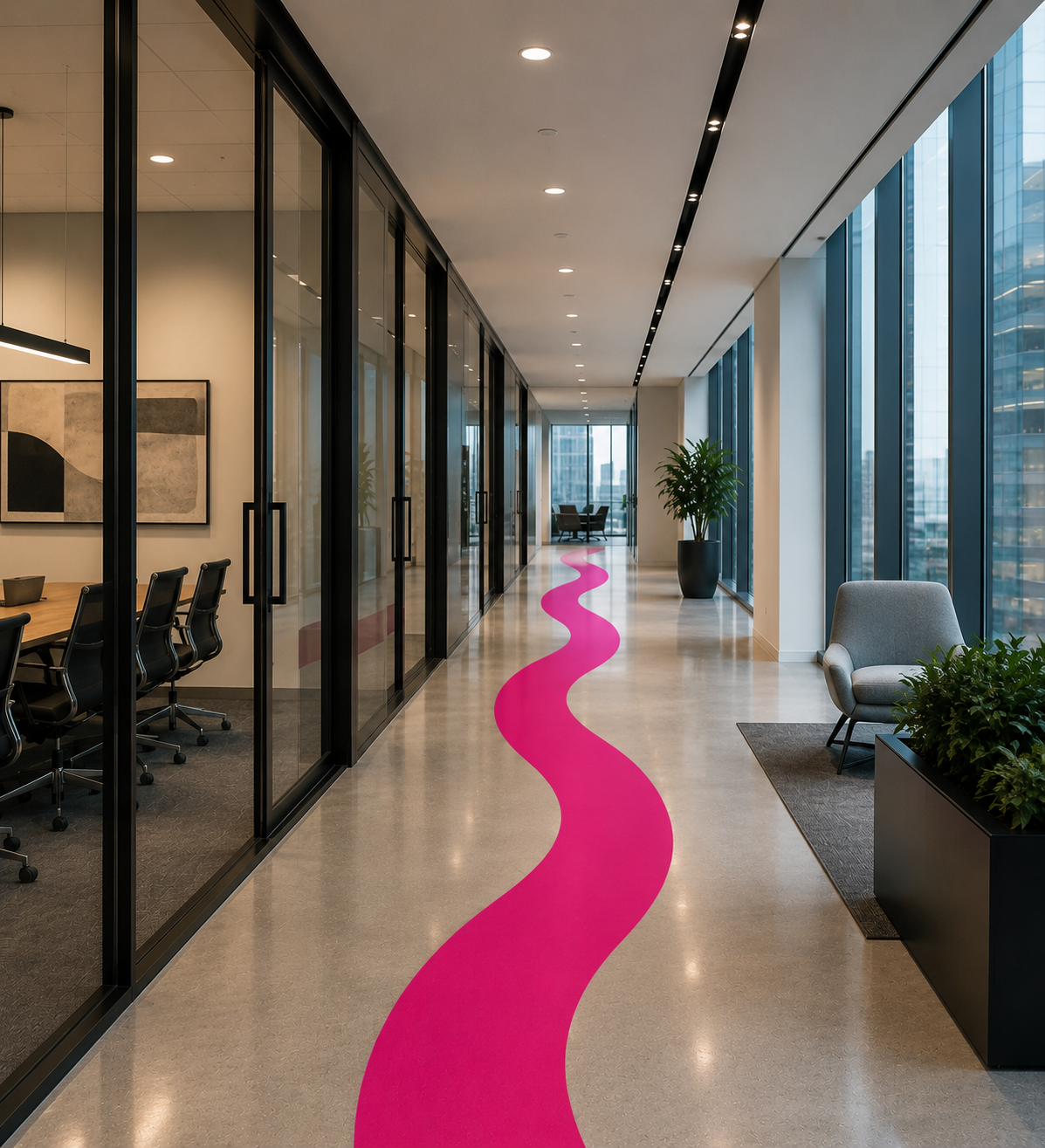 A pink path running down a modern office corridor, representing the journey forward